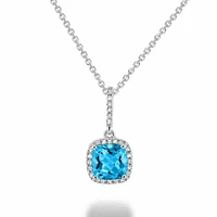 Cushion Cut Blue Topaz & Diamond Halo Pendant 0.10CTDI White Gold