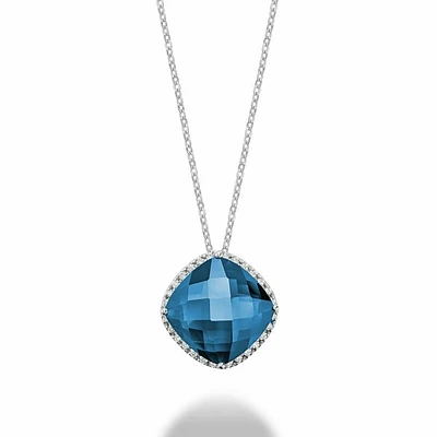 Cushion Cut London Blue Topaz & Diamond Halo Pendant 0.20CTDI White Gold