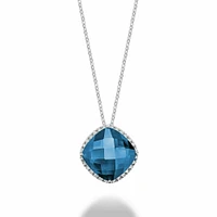 Cushion Cut London Blue Topaz & Diamond Halo Pendant 0.20CTDI White Gold