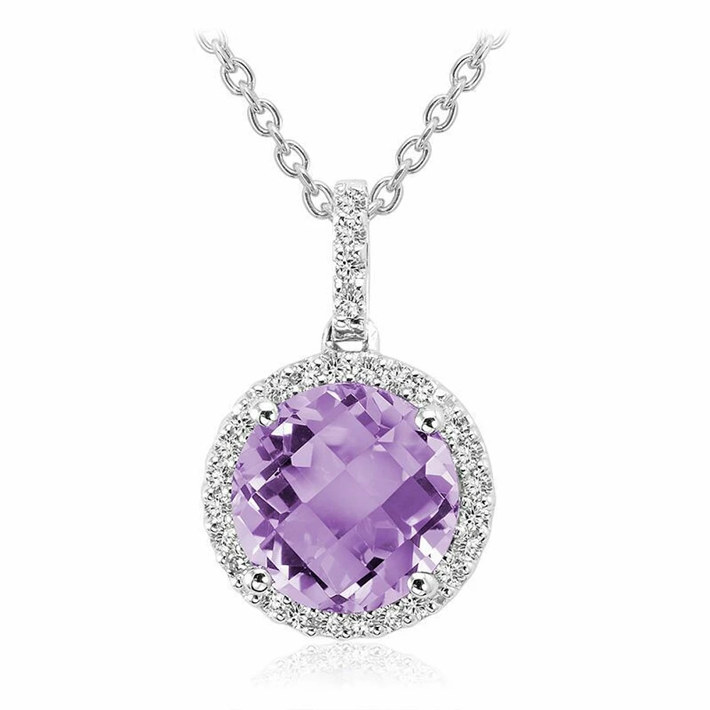 Round Amethyst & Diamond Halo Pendant 0.12CTDI White Gold