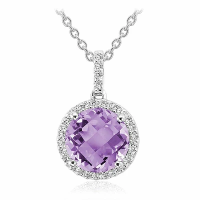 Round Amethyst & Diamond Halo Pendant 0.12CTDI White Gold