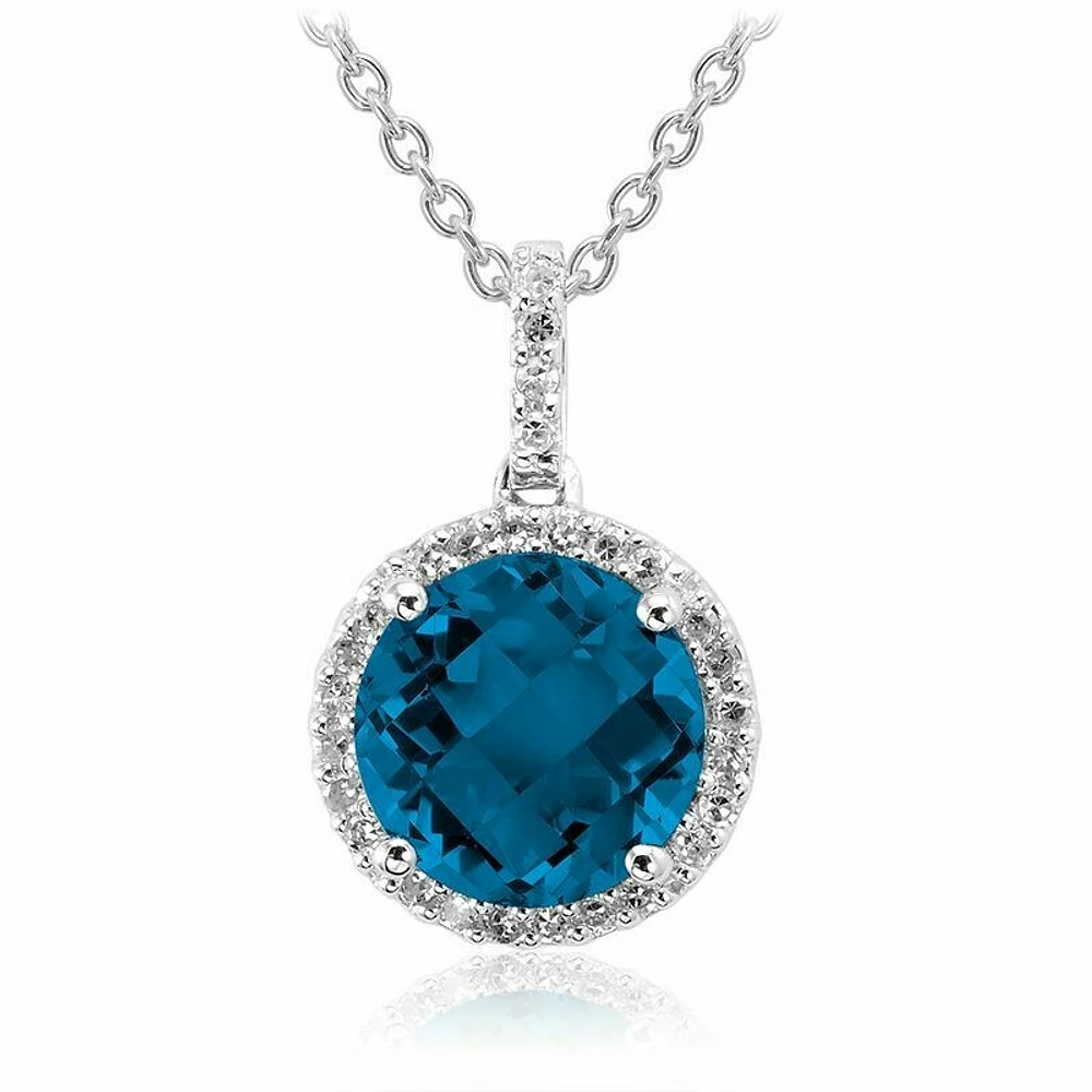 Round London Blue Topaz & Diamond Halo Pendant 0.12CTDI White Gold