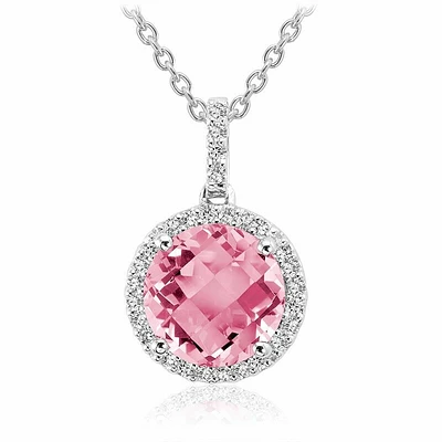 Round Pink Quartz & Diamond Halo Pendant 0.12CTDI White Gold