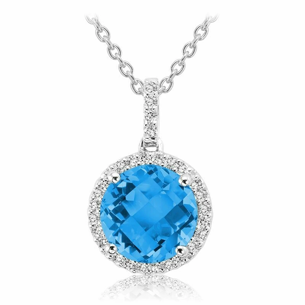 Round Blue Topaz & Diamond Halo Pendant 0.12CTDI White Gold