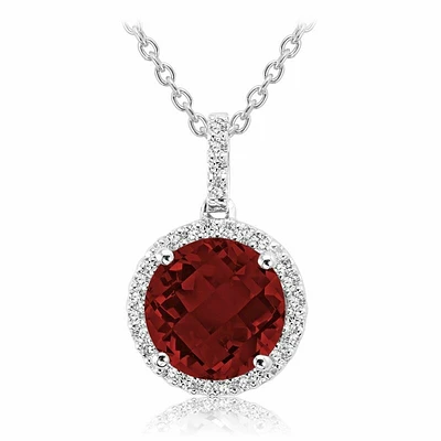 Round Garnet & Diamond Halo Pendant 0.12CTDI White Gold