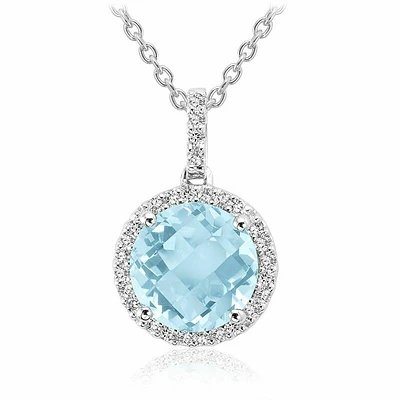 Round Sky Blue & Diamond Halo Pendant 0.12CTDI White Gold