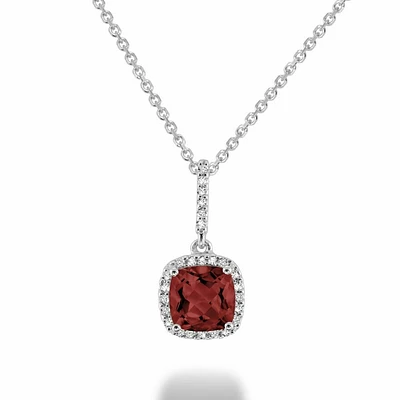 Cushion Cut Garnet & Diamond Halo Pendant 0.10CTDI White Gold