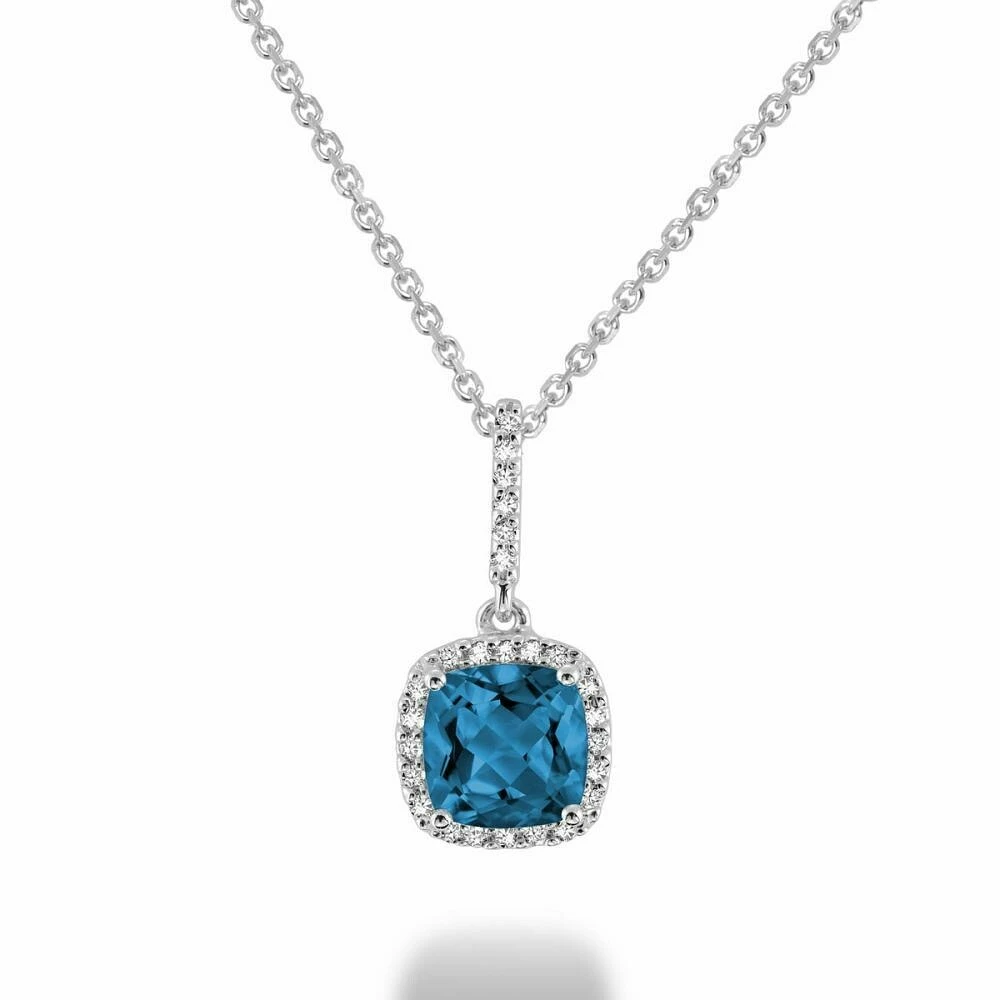 Cushion Cut London Blue Topaz & Diamond Halo Pendant 0.10CTDI White Gold