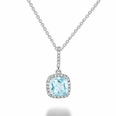 Cushion Cut Sky Blue & Diamond Halo Pendant 0.10CTDI White Gold