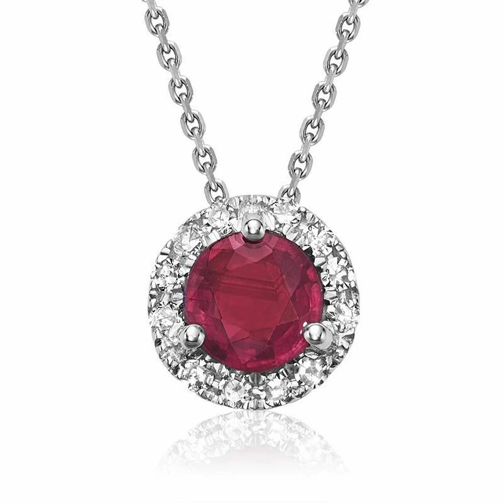 Ruby & Diamond Halo Pendant 0.08CTDI White Gold