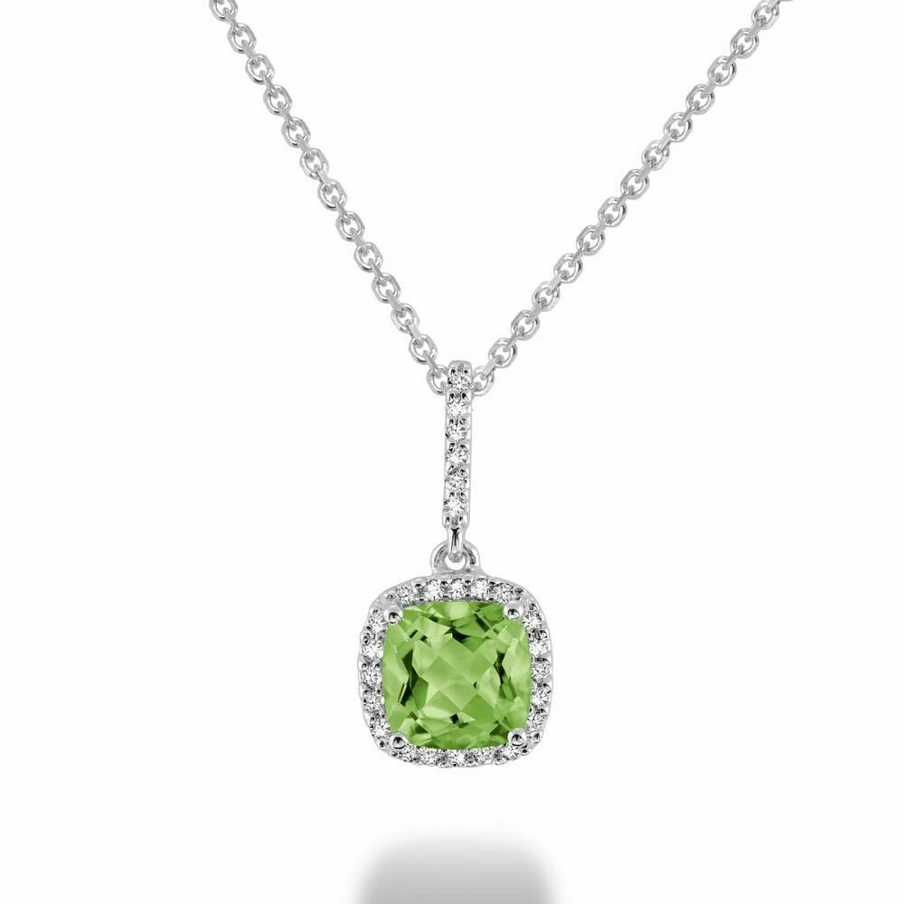 Cushion Cut Peridot & Diamond Halo Pendant 0.10CTDI White Gold