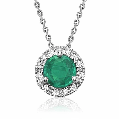 Emerald & Diamond Halo Pendant 0.08CTDI White Gold