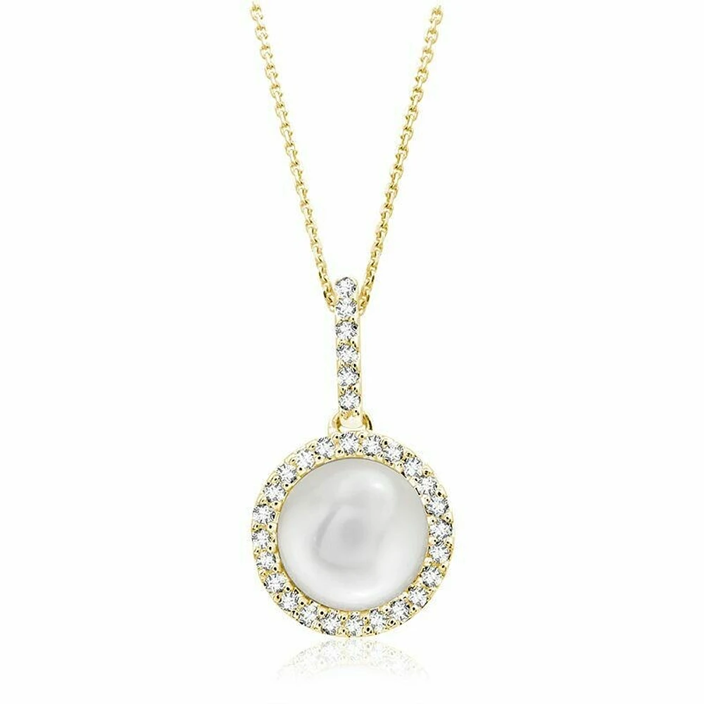 Round Cultured Freshwater Pearl & Diamond Halo Pendant 0.12CTDI Yellow Gold