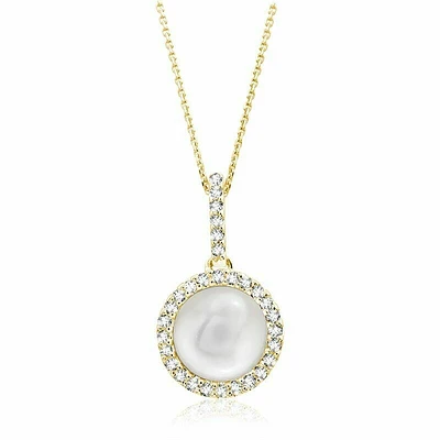 Round Cultured Freshwater Pearl & Diamond Halo Pendant 0.12CTDI Yellow Gold