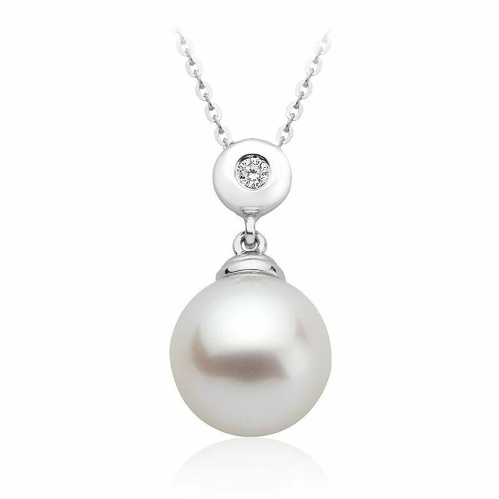 Cultured Freshwater Pearl & Diamond Bezel Set Pendant 0.02CTDI Gold