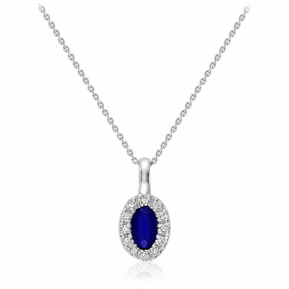 Oval Blue Sapphire & Diamond Halo Pendant 0.04CTDI White Gold