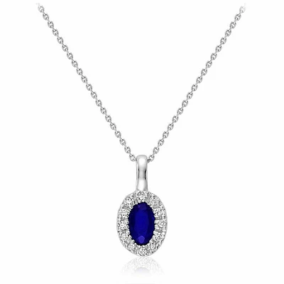 Oval Blue Sapphire & Diamond Halo Pendant 0.04CTDI White Gold