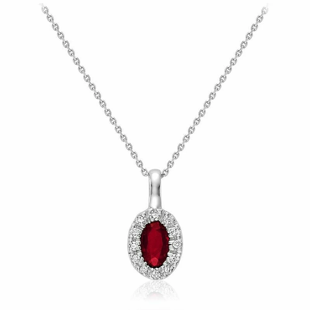 Oval Ruby & Diamond Halo Pendant 0.04CTDI White Gold