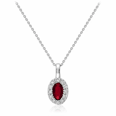 Oval Ruby & Diamond Halo Pendant 0.04CTDI White Gold