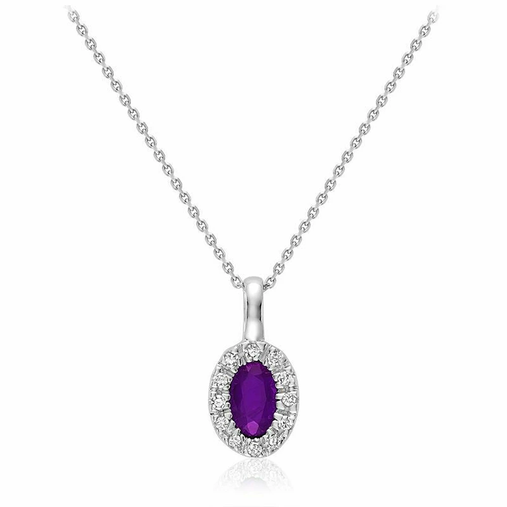 Oval Amethyst & Diamond Halo Pendant 0.04CTDI White Gold