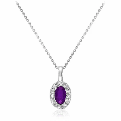 Oval Amethyst & Diamond Halo Pendant 0.04CTDI White Gold