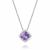 Cushion Cut Amethyst & Diamond Halo Pendant 0.09CDTI White Gold