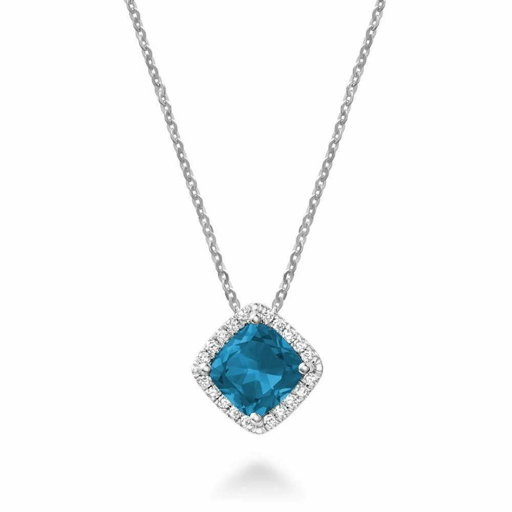 Cushion Cut London Blue Topaz & Diamond Halo Pendant 0.09CDTI White Gold