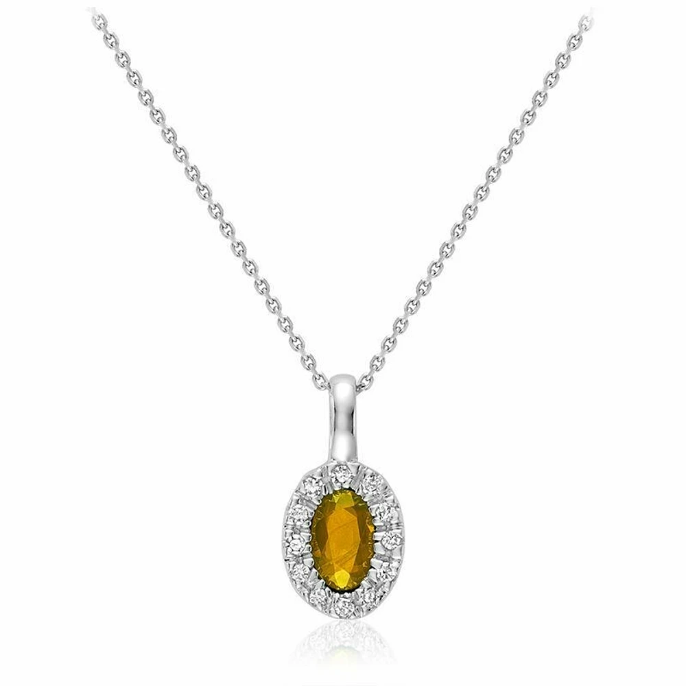 Oval Citrine & Diamond Halo Pendant 0.04CTDI White Gold