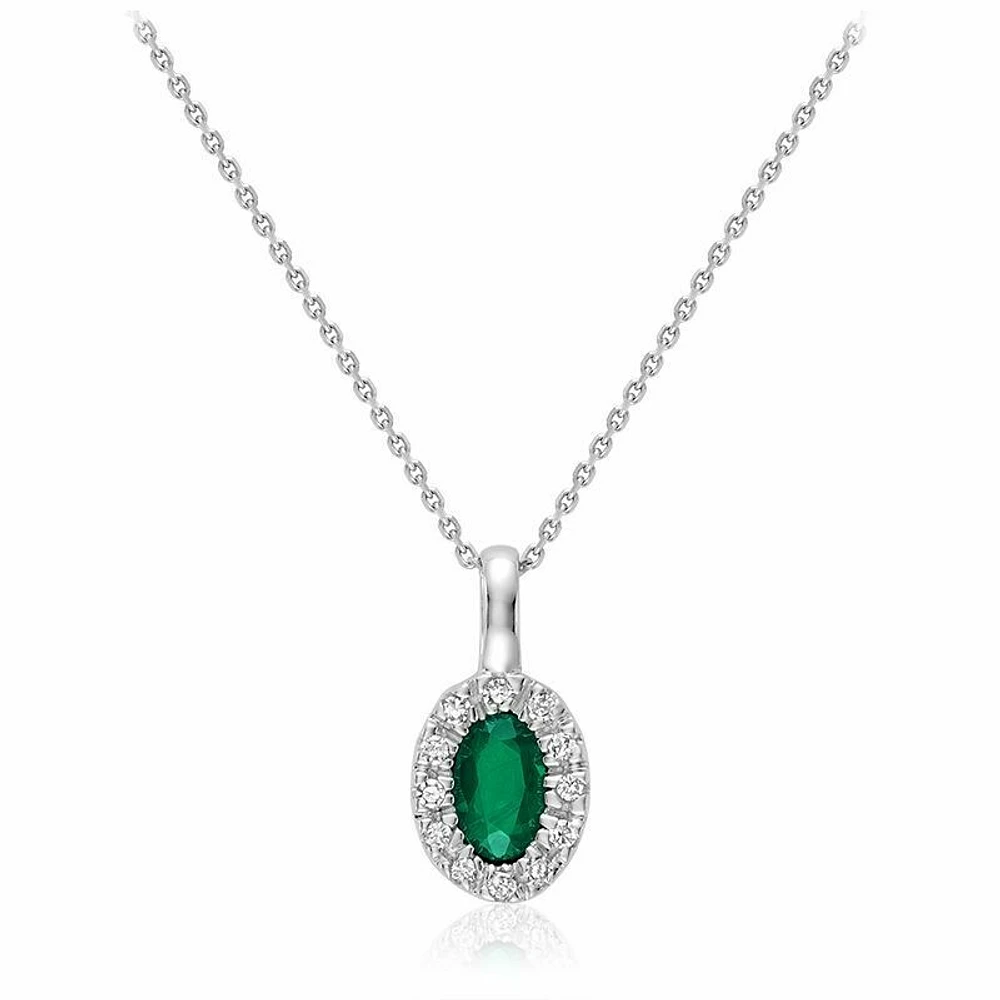 Oval Emerald & Diamond Halo Pendant 0.04CTDI White Gold