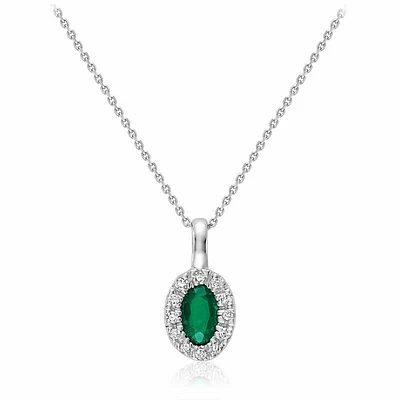 Oval Emerald & Diamond Halo Pendant 0.04CTDI White Gold