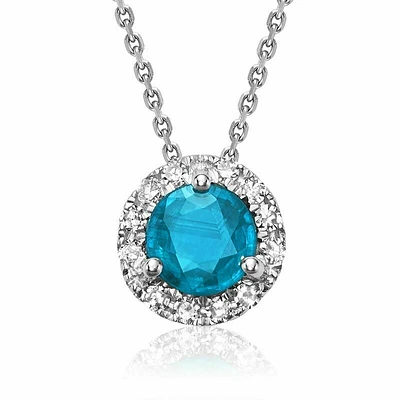 Blue Topaz & Diamond Halo Pendant 0.06CTDI  White Gold