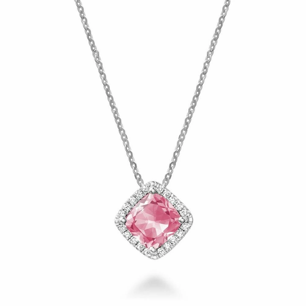 Cushion Cut Pink Quartz & Diamond Halo Pendant 0.09CDTI White Gold