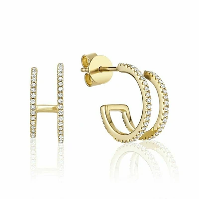 Mock Double Hoop Diamond Earrings Yellow Gold