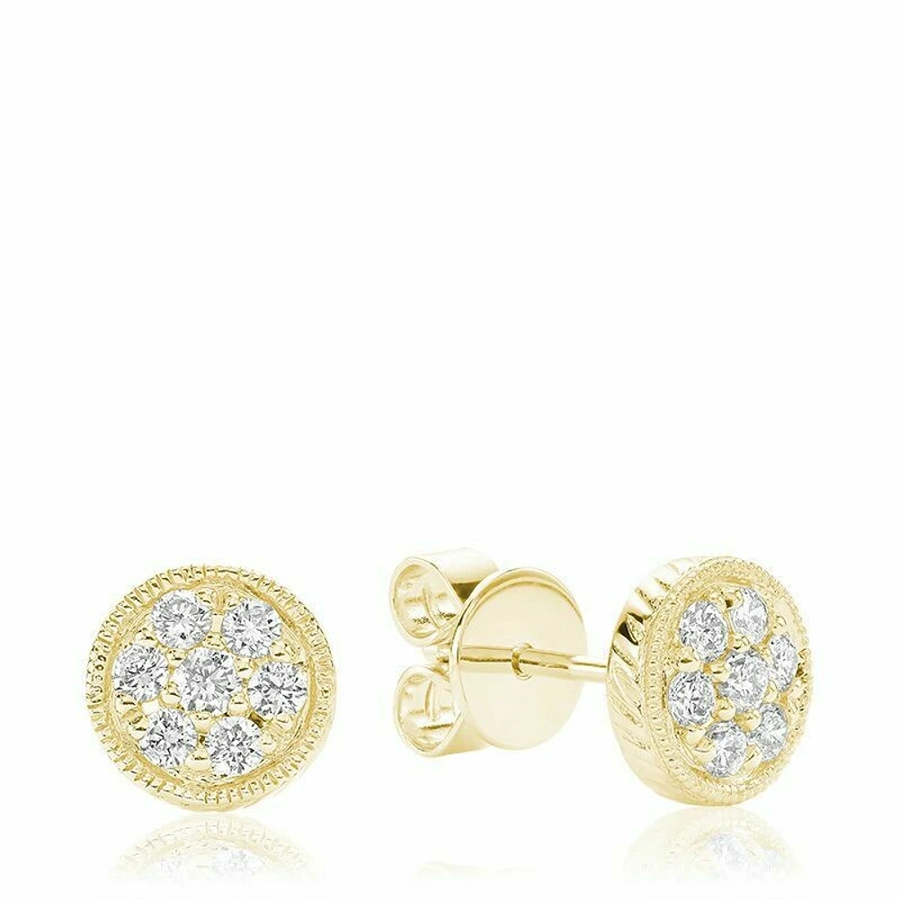 Round Milgrain Diamond Stud Earrings Yellow Gold