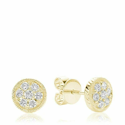 Round Milgrain Diamond Stud Earrings Yellow Gold
