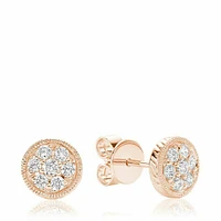 Round Milgrain Diamond Stud Earrings Rose Gold