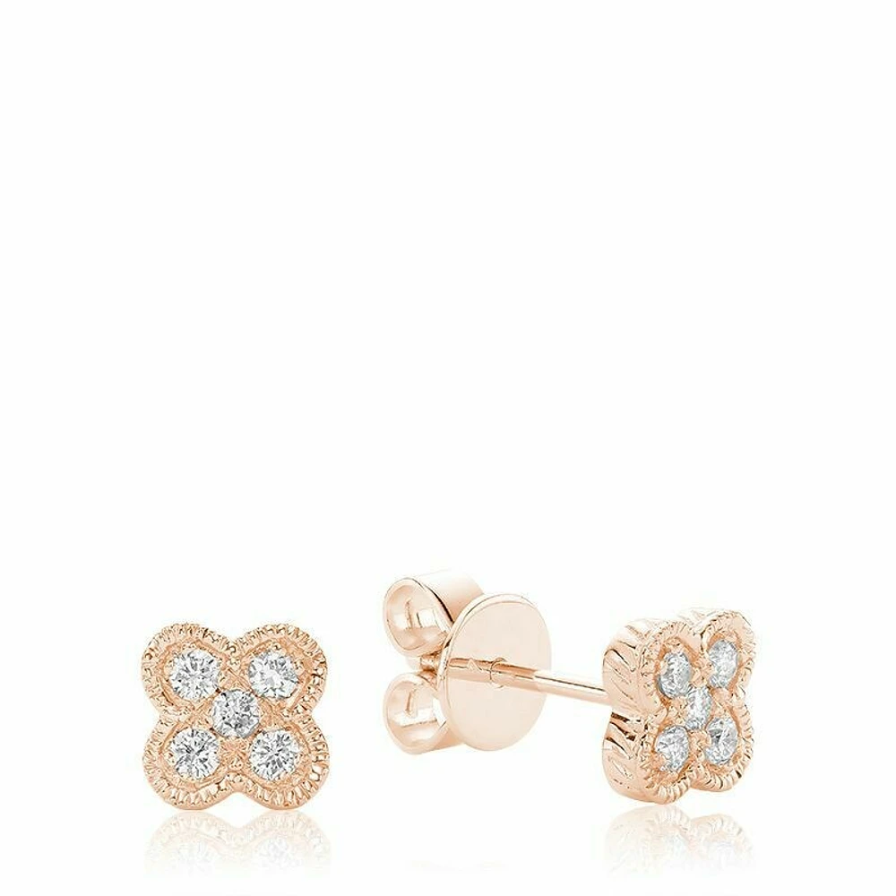 Clover Milgrain Diamond Stud Earrings Rose Gold