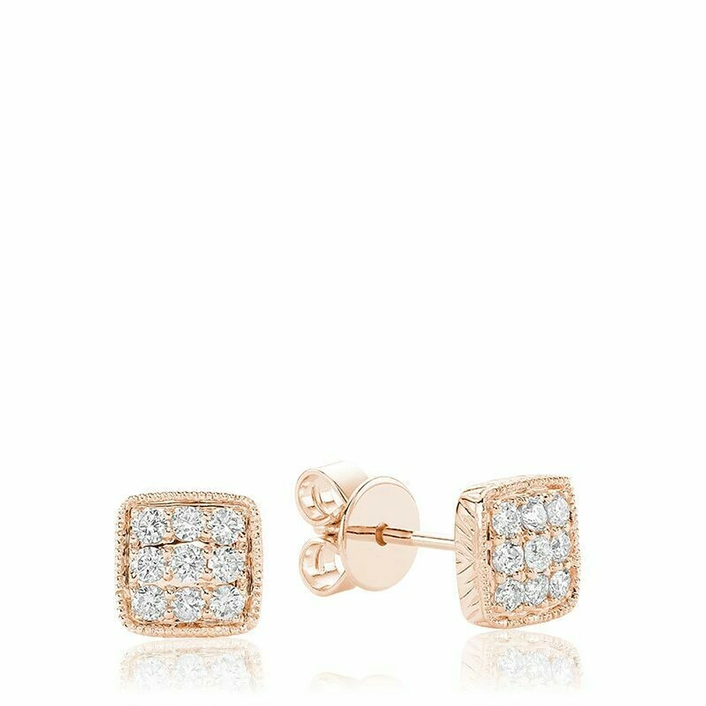 Square Milgrain Diamond Stud Earrings Rose Gold