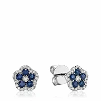 Hollow Flower Blue Sapphire & Diamond Stud Earrings