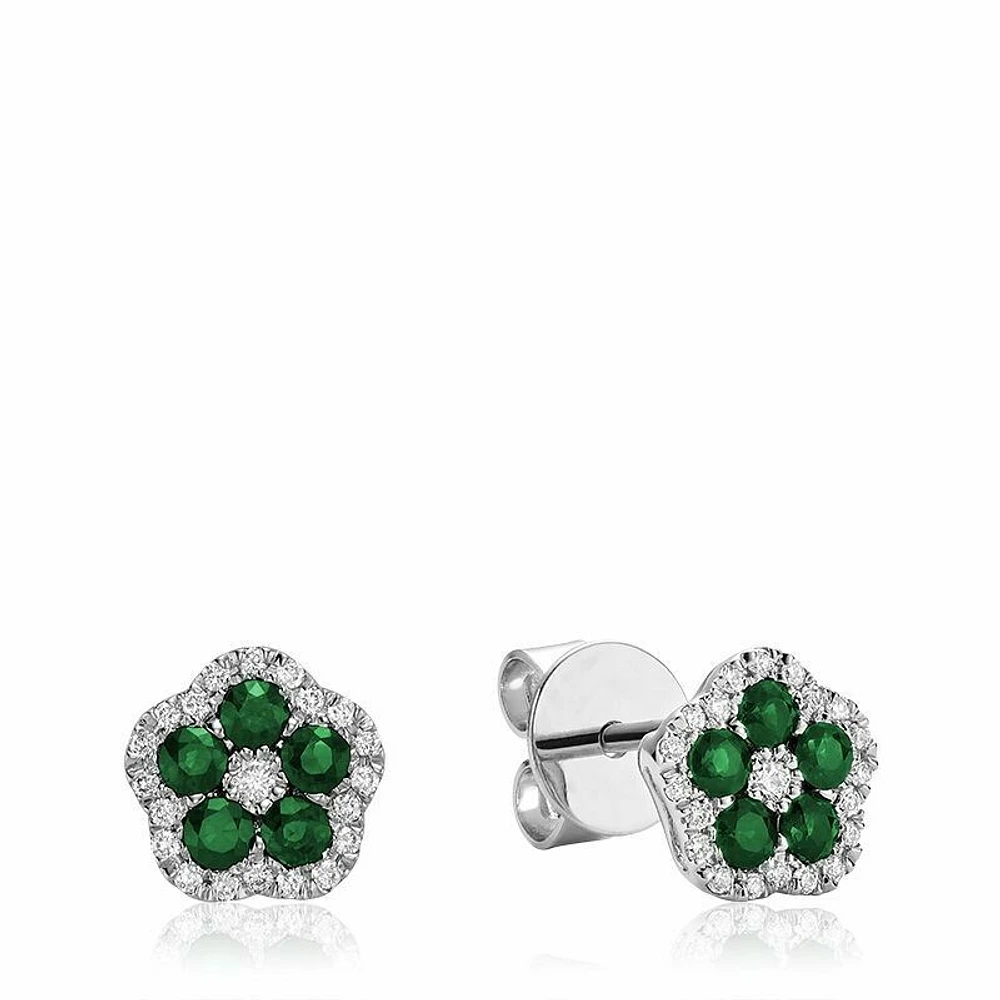 Hollow Flower Emerald & Diamond Stud Earrings