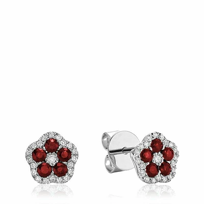 Hollow Flower Ruby & Diamond Stud Earrings