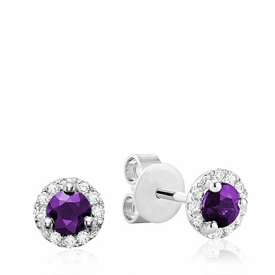 Amethyst & Diamond Halo Stud Earrings White Gold