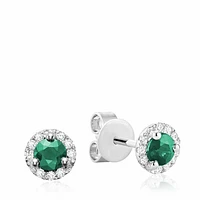 Emerald & Diamond Halo Stud Earrings White Gold