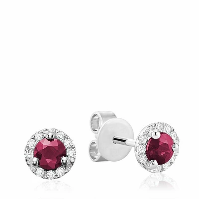 Ruby & Diamond Halo Stud Earrings White Gold