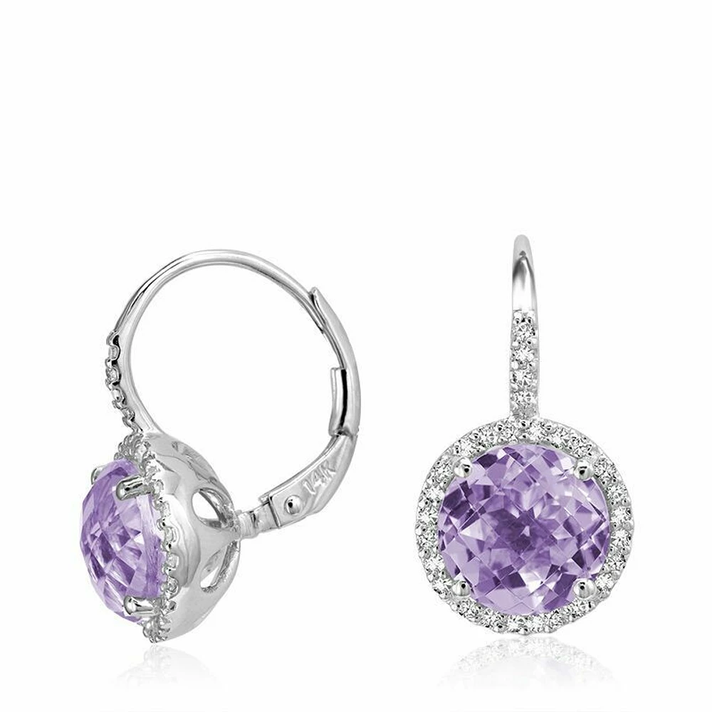 Amethyst & Diamond Halo Dangle Earrings White Gold