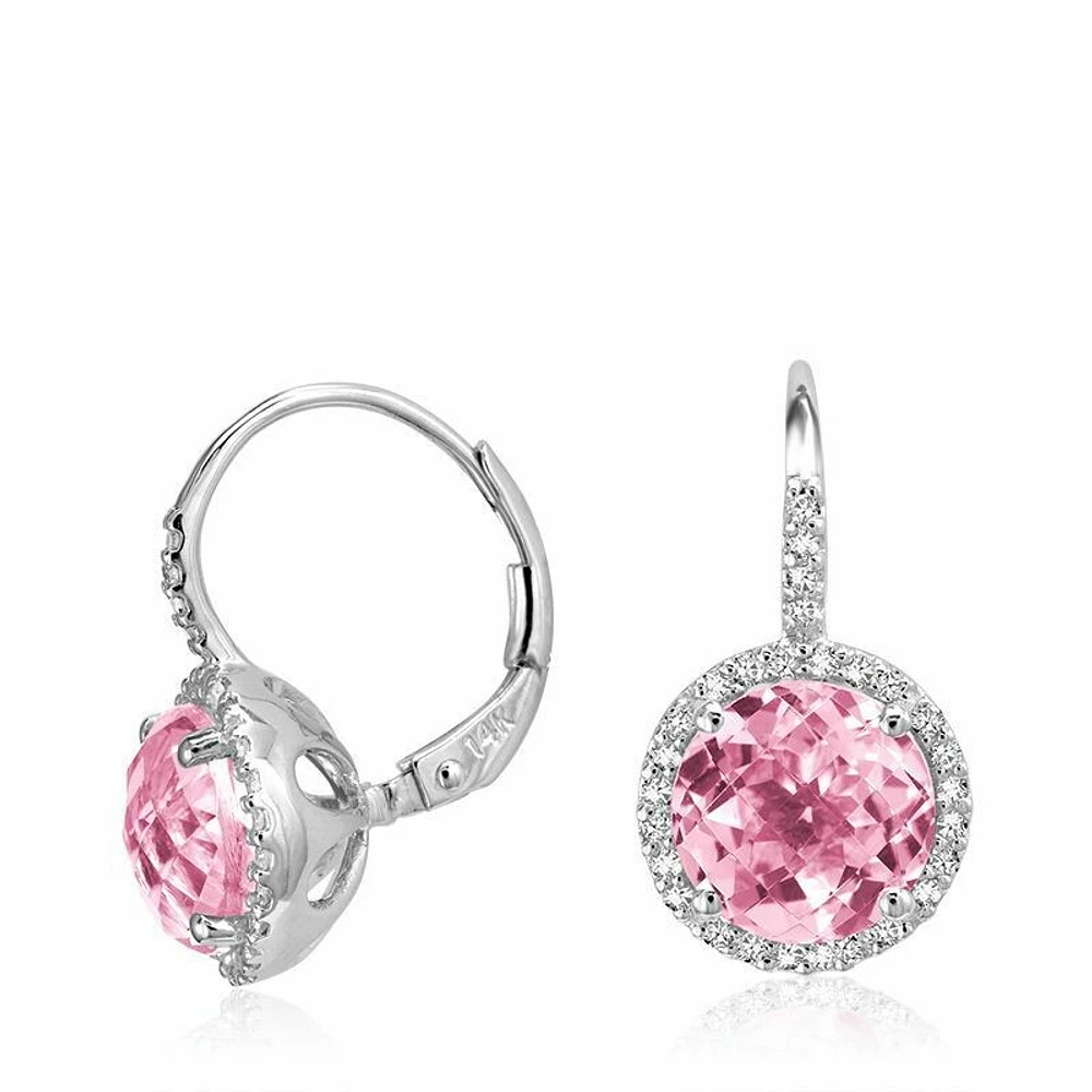 Pink Quartz & Diamond Halo Dangle Earrings White Gold