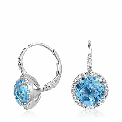 Blue Topaz & Diamond Halo Dangle Earrings White Gold