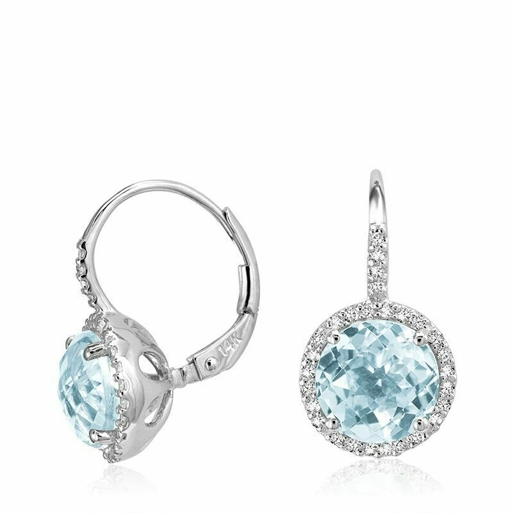 Sky Blue & Diamond Halo Dangle Earrings White Gold