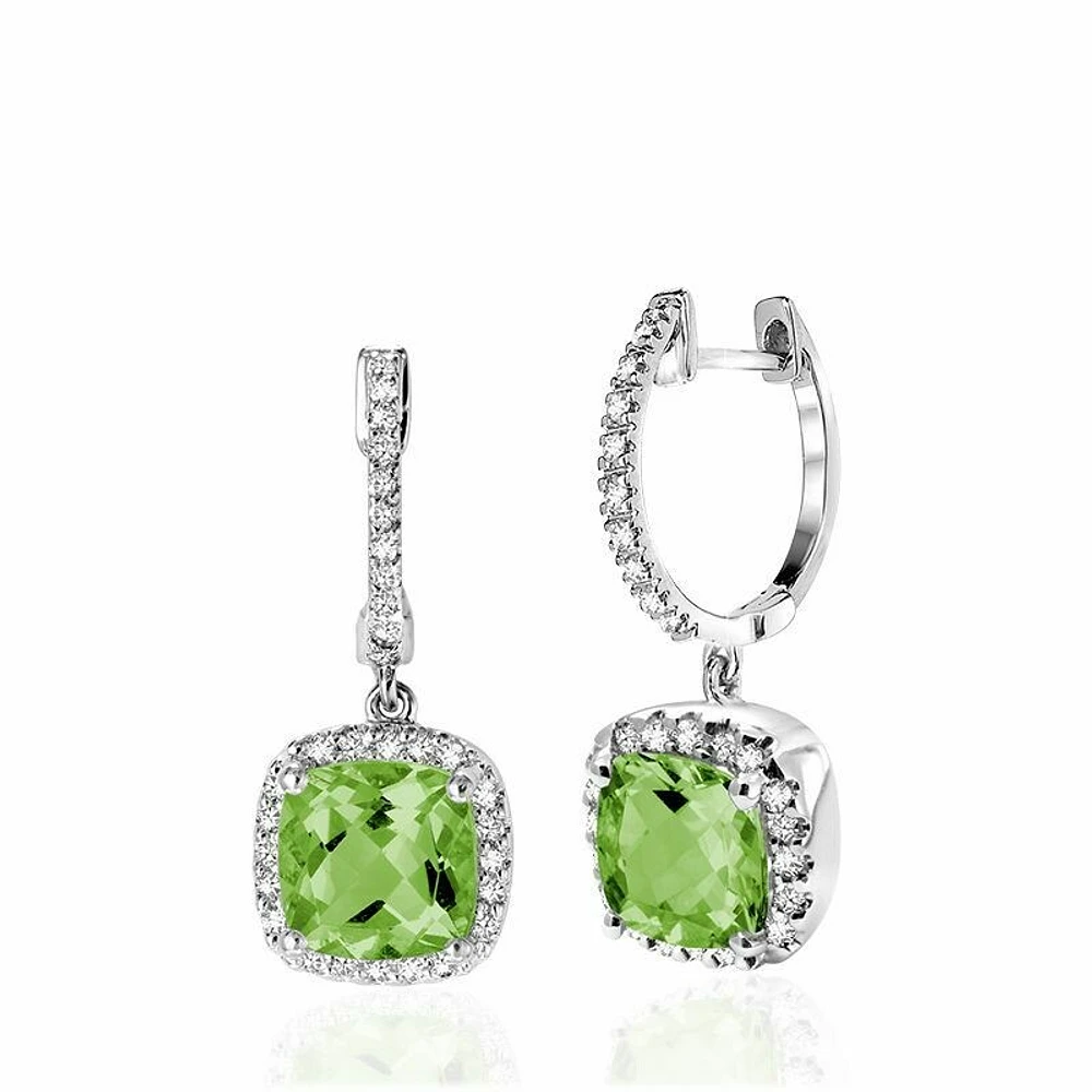 Cushion Cut Peridot & Diamond Halo Earrings White Gold