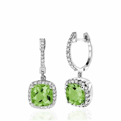 Cushion Cut Peridot & Diamond Halo Earrings White Gold